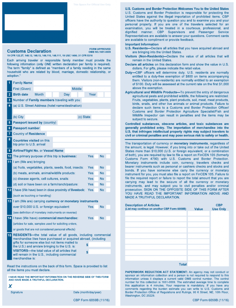 Customs Declaration Form